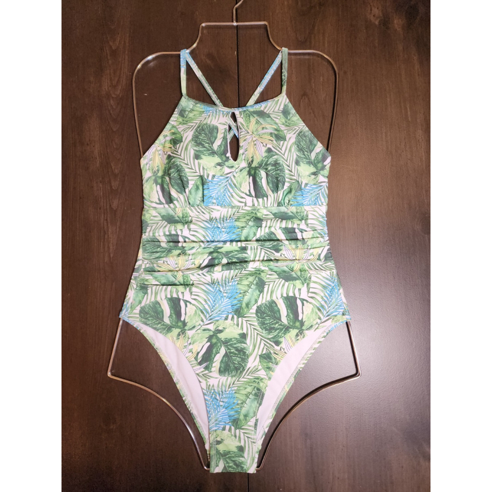 Tahari One piece Swimsuit Bathing Suit Keyhole MEDIUM Tropical Green Leaf Palm - Picture 5 of 16
